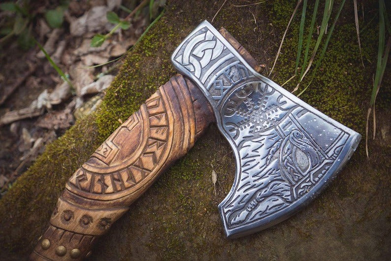 Hand-Carved Viking Axe | Carbon Steel Hatchet with Tribal Wooden Handle