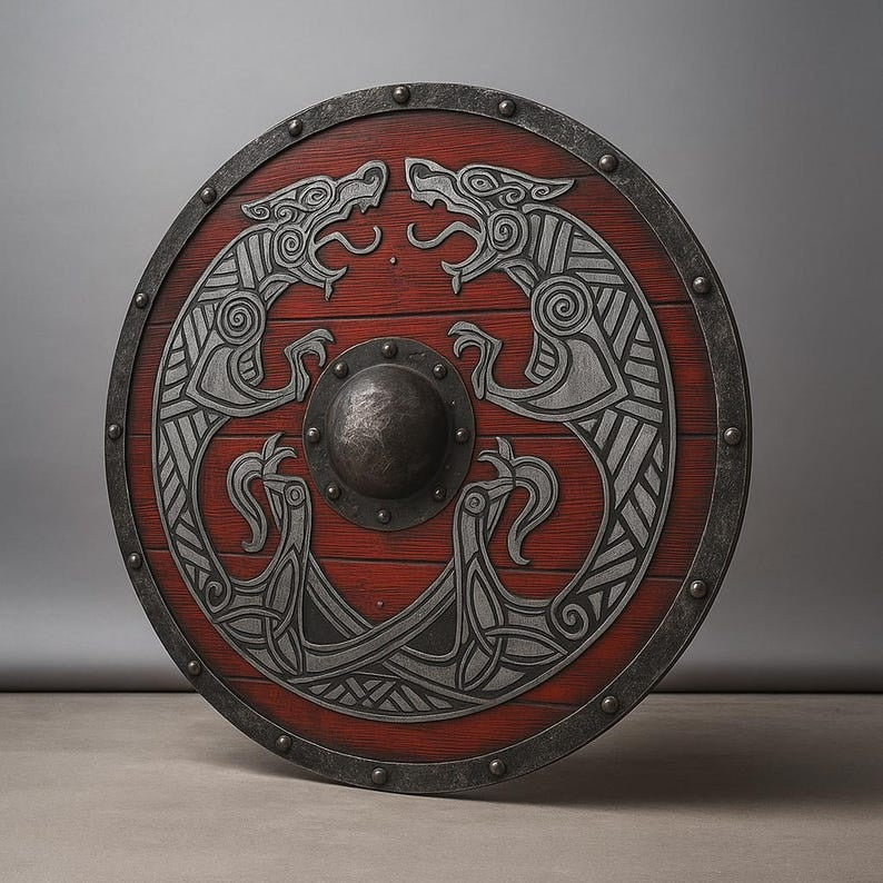Handgefertigter Roter Wikingerschild – Graviertes nordisches Wolfsdesign & mittelalterliche Dekoration