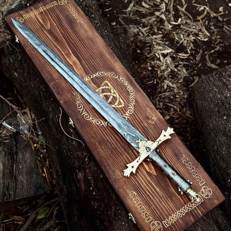 Excalibur of King Arthur – Handmade Crown Head Merlin Sword with Premium Leather Sheath