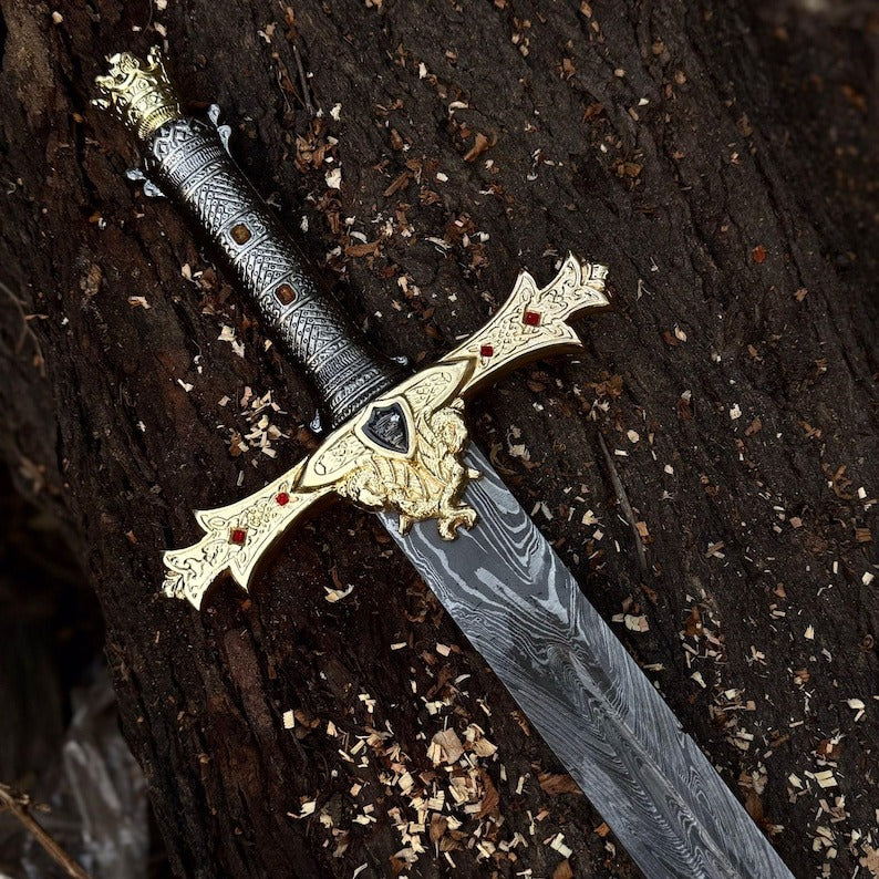 Excalibur of King Arthur – Handmade Crown Head Merlin Sword with Premium Leather Sheath