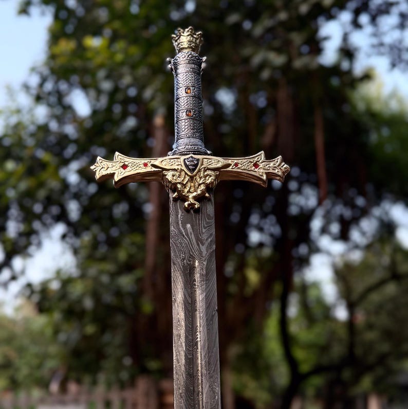 Excalibur of King Arthur – Handmade Crown Head Merlin Sword with Premium Leather Sheath