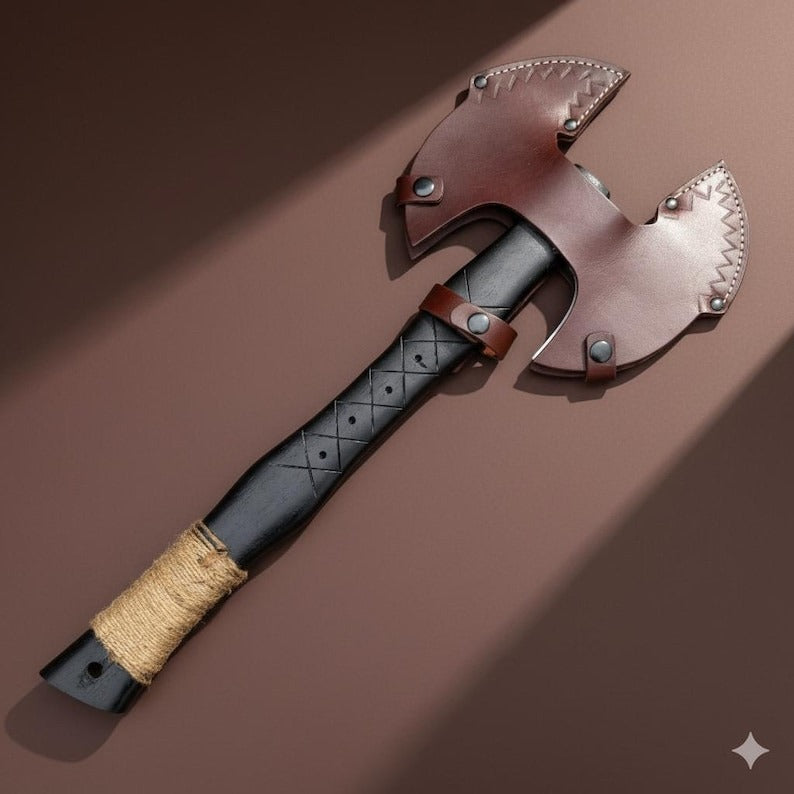 Viking Style Double-Blade Axe | Engraved Norse Knotwork Handle | Collectible Display Piece
