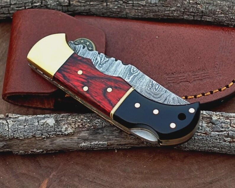 Handmade Damascus Steel Back Lock Folding Pocket Knife | Black Horn & Red Wood Handle