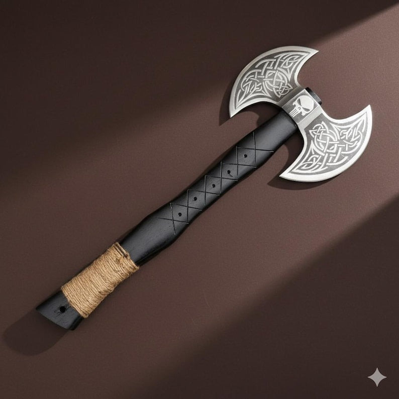Viking Style Double-Blade Axe | Engraved Norse Knotwork Handle | Collectible Display Piece