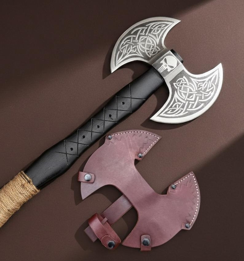 Viking Style Double-Blade Axe | Engraved Norse Knotwork Handle | Collectible Display Piece
