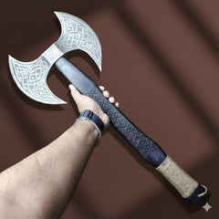 Viking Style Double-Blade Axe | Engraved Norse Knotwork Handle | Collectible Display Piece