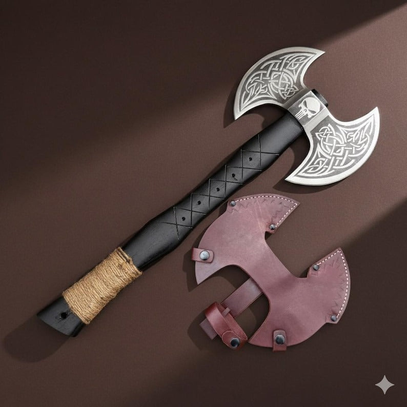 Viking Style Double-Blade Axe | Engraved Norse Knotwork Handle | Collectible Display Piece