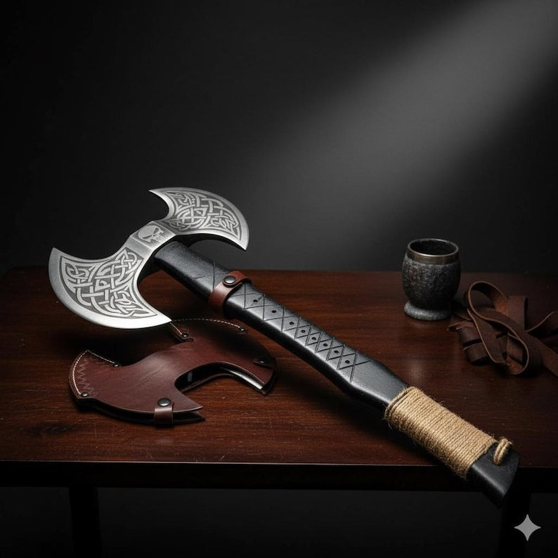 Viking Style Double-Blade Axe | Engraved Norse Knotwork Handle | Collectible Display Piece