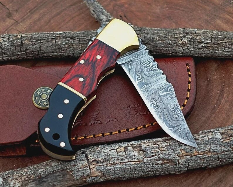 Handmade Damascus Steel Back Lock Folding Pocket Knife | Black Horn & Red Wood Handle