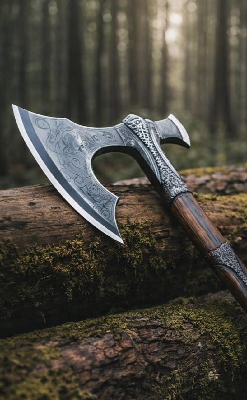 Custom Forged Viking Battle Axe – Engraved Carbon Steel Norse Hatchet