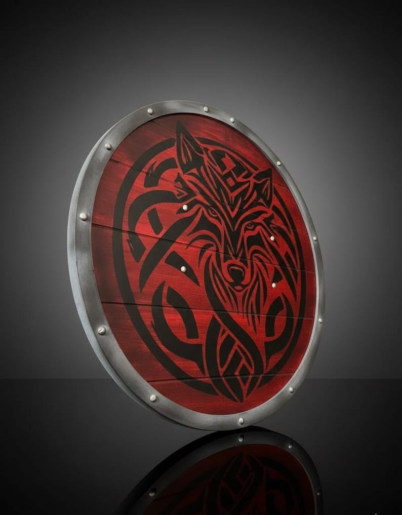 Handcrafted Fenrir Wolf Viking Shield - Red Norse Wooden Round Shield