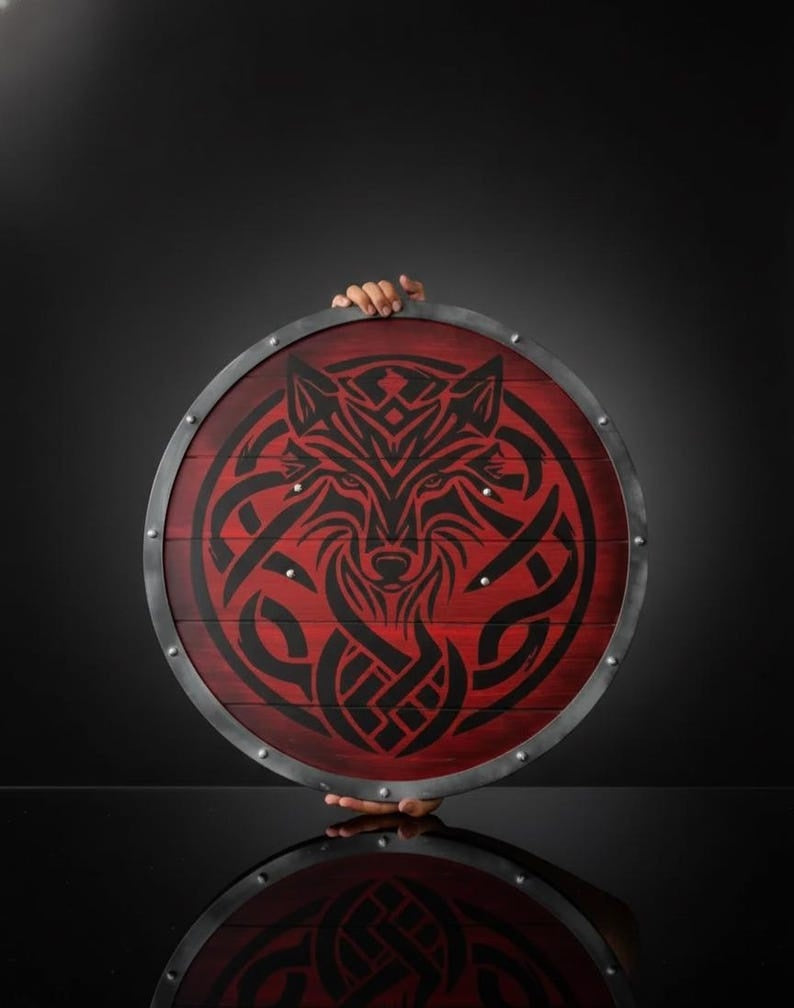 Handcrafted Fenrir Wolf Viking Shield - Red Norse Wooden Round Shield