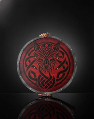 Handcrafted Fenrir Wolf Viking Shield - Red Norse Wooden Round Shield