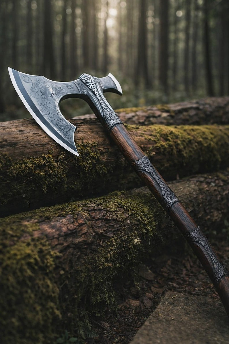 Custom Forged Viking Battle Axe – Engraved Carbon Steel Norse Hatchet