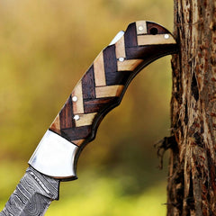 Handmade Damascus Folding Hunting Knife – Custom EDC Pocket Knife With Clip Wood Handle