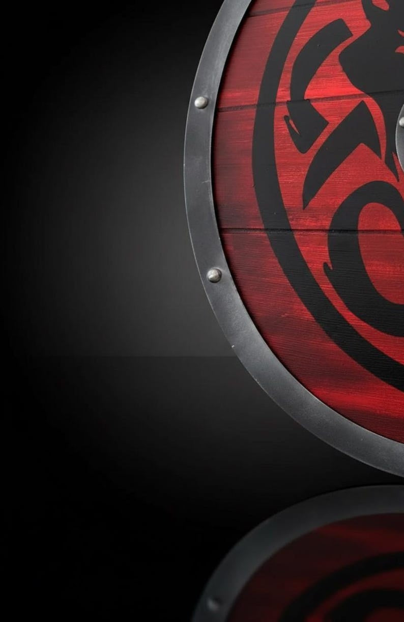 Handcrafted Fenrir Wolf Viking Shield - Red Norse Wooden Round Shield