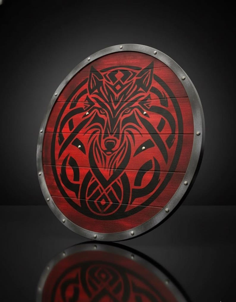 Handcrafted Fenrir Wolf Viking Shield - Red Norse Wooden Round Shield