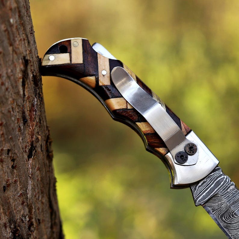Handmade Damascus Folding Hunting Knife – Custom EDC Pocket Knife With Clip Wood Handle