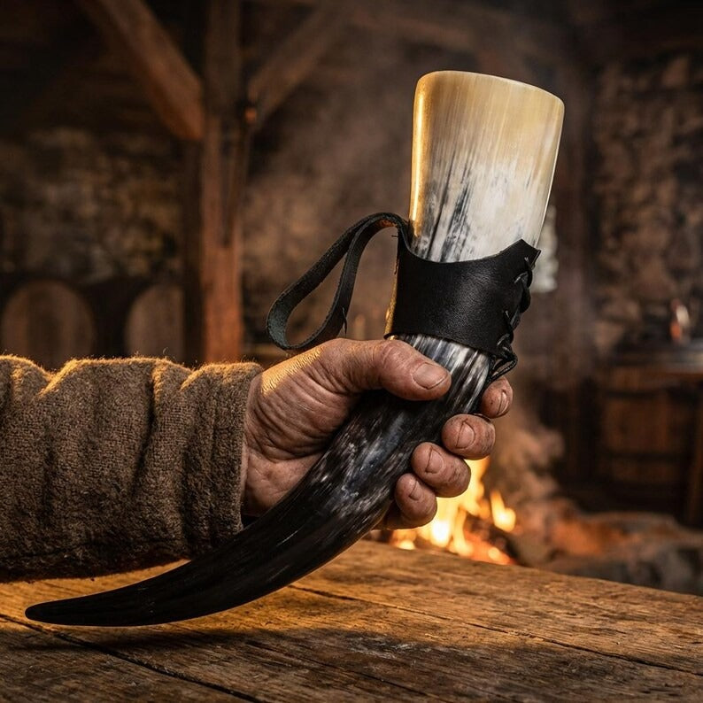 Wikinger-Geschenk für Männer: Handgefertigter Becher aus echtem Ochsenhorn – 380ml traditioneller nordischer Bierkrug