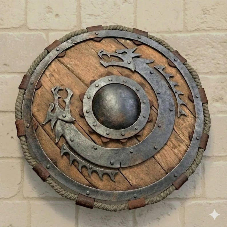 Handcrafted Medieval Viking Dragon Shield – Engraved Wooden Norse Wall Decor