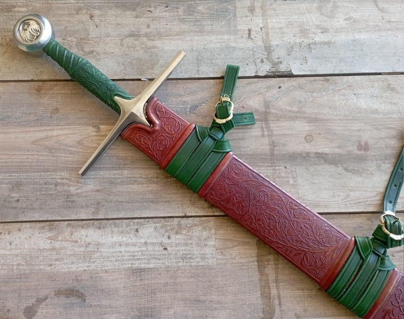 The Witcher Geralt of Rivia Steel Sword Replica | Hand-Tooled Green Leather Scabbard