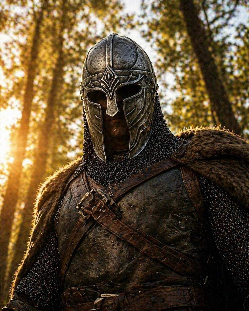 Handgeschmiedeter Wikinger-Brillenhelm mit komplettem Kettengeflecht-Aventail – Replik eines mittelalterlichen Nordmann-Kriegers
