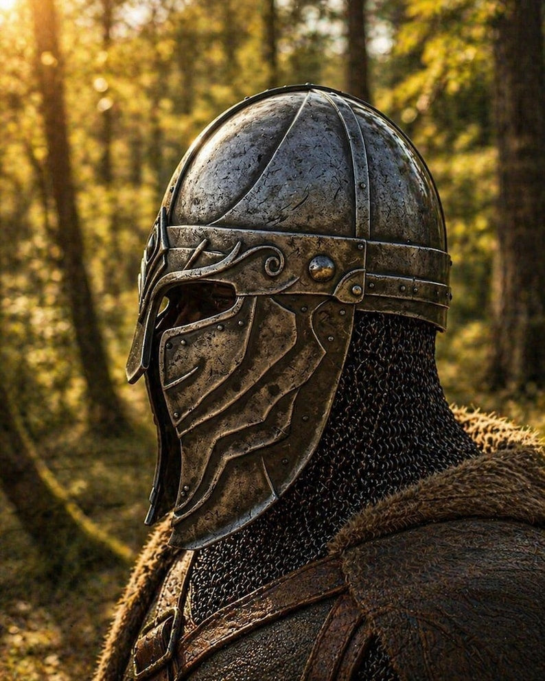 Handgeschmiedeter Wikinger-Brillenhelm mit komplettem Kettengeflecht-Aventail – Replik eines mittelalterlichen Nordmann-Kriegers