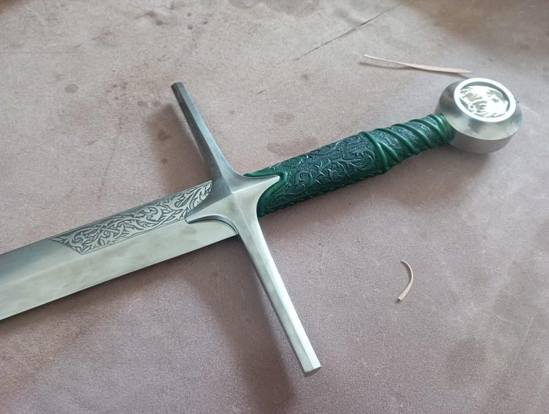The Witcher Geralt of Rivia Steel Sword Replica | Hand-Tooled Green Leather Scabbard