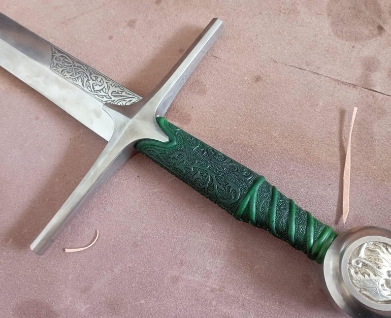 The Witcher Geralt of Rivia Steel Sword Replica | Hand-Tooled Green Leather Scabbard