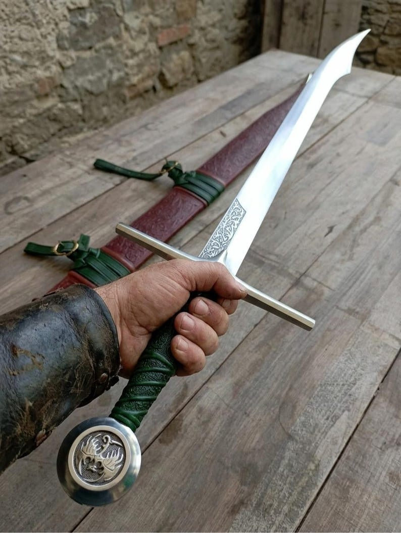 The Witcher Geralt of Rivia Steel Sword Replica | Hand-Tooled Green Leather Scabbard