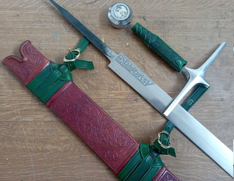 The Witcher Geralt of Rivia Steel Sword Replica | Hand-Tooled Green Leather Scabbard