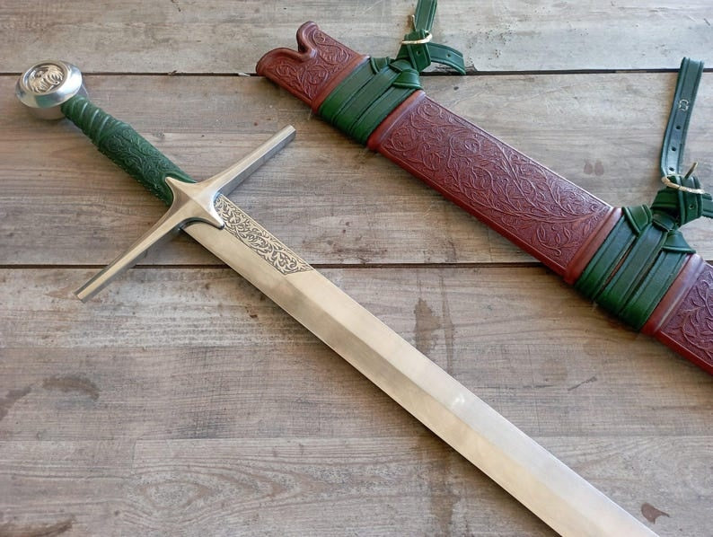 The Witcher Geralt of Rivia Steel Sword Replica | Hand-Tooled Green Leather Scabbard