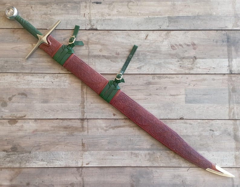 The Witcher Geralt of Rivia Steel Sword Replica | Hand-Tooled Green Leather Scabbard