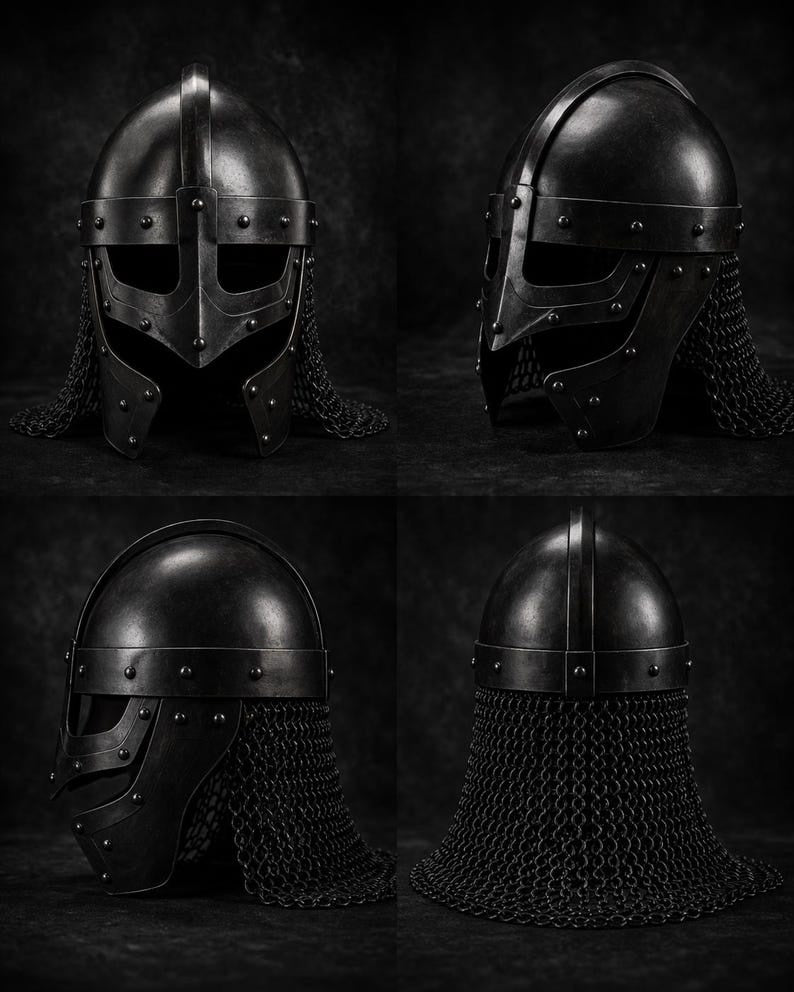 Hand-Forged Viking Gjermundbu Spectacle Helmet with Chainmail Aventail – Medieval Slavic Collectible Armor