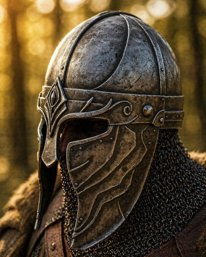 Handgeschmiedeter Wikinger-Brillenhelm mit komplettem Kettengeflecht-Aventail – Replik eines mittelalterlichen Nordmann-Kriegers