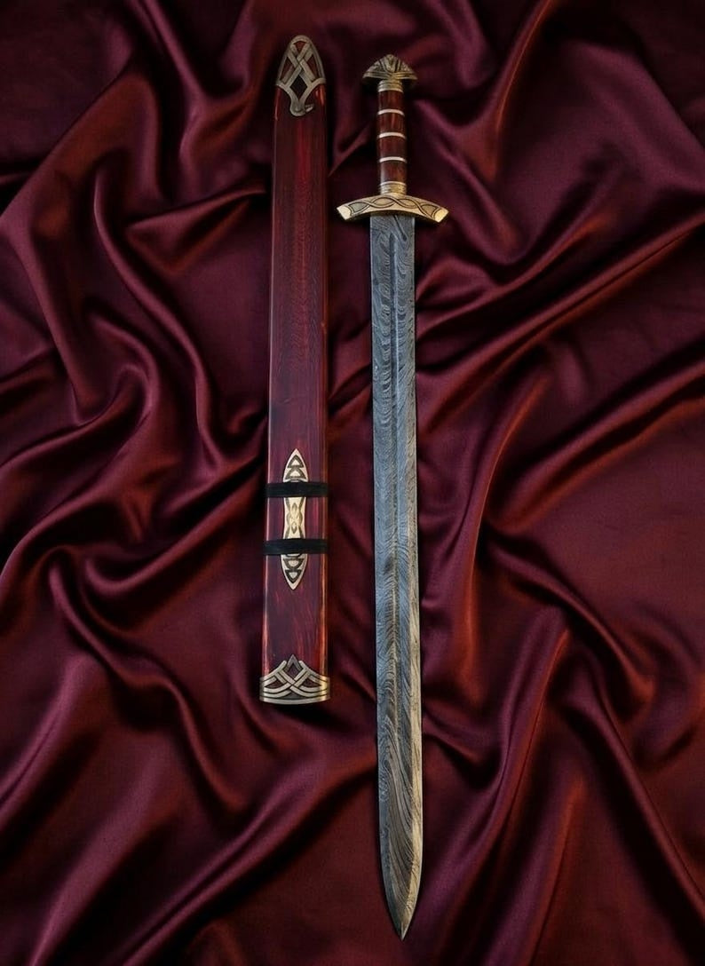 Hand-Forged Damascus Steel Viking Sword Replica | Premium Norse Scabbard & Brass Accents