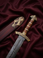 Hand-Forged Damascus Steel Viking Sword Replica | Premium Norse Scabbard & Brass Accents