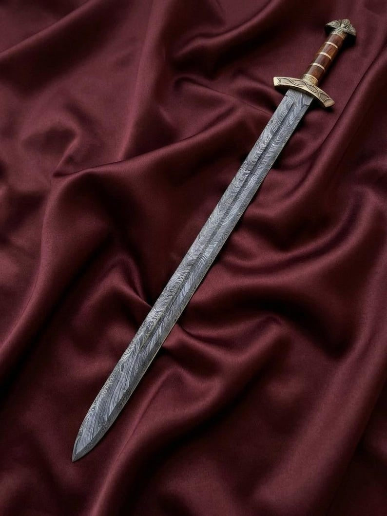 Hand-Forged Damascus Steel Viking Sword Replica | Premium Norse Scabbard & Brass Accents