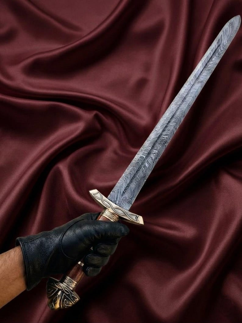 Hand-Forged Damascus Steel Viking Sword Replica | Premium Norse Scabbard & Brass Accents
