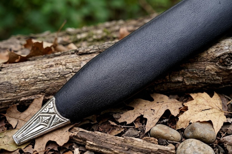 Hand Forged Celtic Leaf Blade Short Sword – High Carbon Steel Collectible Display Blade with Segmented Wooden Hilt & Ornate Leather Sheath