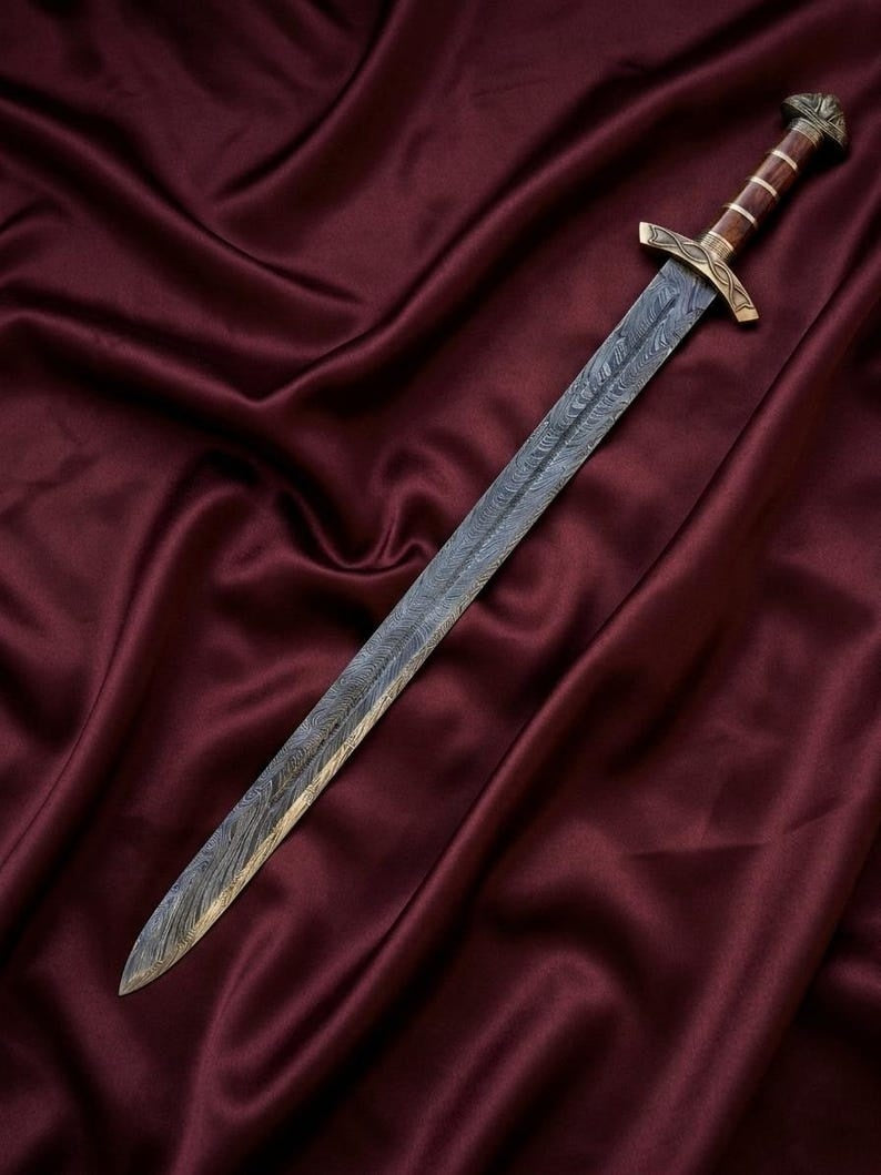 Hand-Forged Damascus Steel Viking Sword Replica | Premium Norse Scabbard & Brass Accents