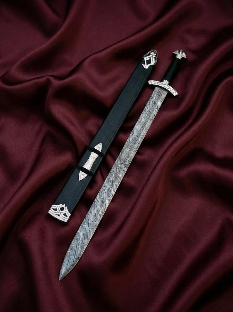 Hand-Forged Damascus Steel Viking Sword Replica | Premium Norse Scabbard & Brass Accents