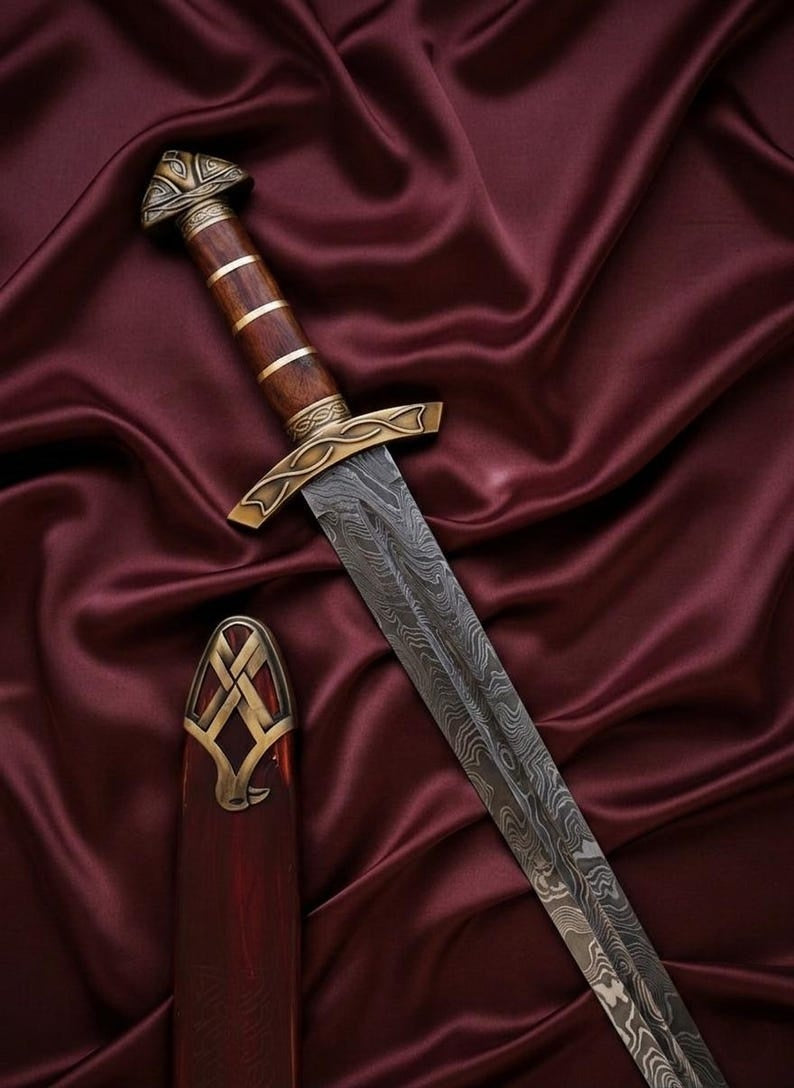 Hand-Forged Damascus Steel Viking Sword Replica | Premium Norse Scabbard & Brass Accents