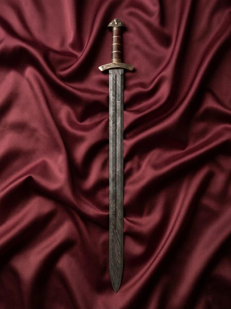 Hand-Forged Damascus Steel Viking Sword Replica | Premium Norse Scabbard & Brass Accents