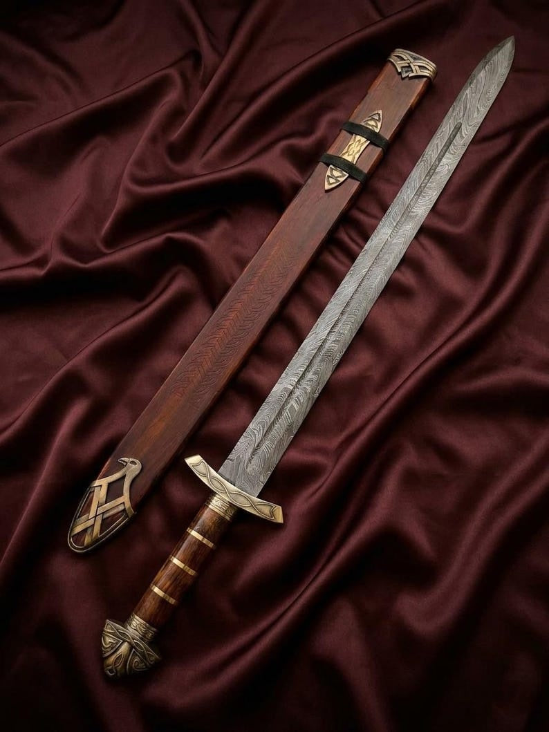 Hand-Forged Damascus Steel Viking Sword Replica | Premium Norse Scabbard & Brass Accents