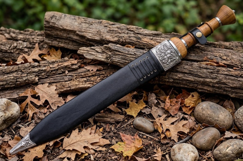 Hand Forged Celtic Leaf Blade Short Sword – High Carbon Steel Collectible Display Blade with Segmented Wooden Hilt & Ornate Leather Sheath