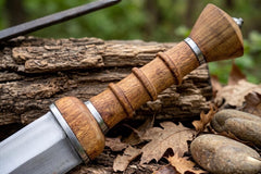 Hand Forged Celtic Leaf Blade Short Sword – High Carbon Steel Collectible Display Blade with Segmented Wooden Hilt & Ornate Leather Sheath
