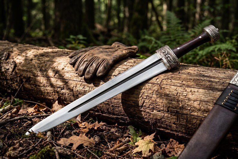 Hand Forged Celtic Leaf Blade Short Sword – High Carbon Steel Collectible Display Sword with Carved Antique Silver Fittings & Custom Leather Sheath