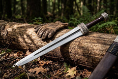 Hand Forged Celtic Leaf Blade Short Sword – High Carbon Steel Collectible Display Sword with Carved Antique Silver Fittings & Custom Leather Sheath