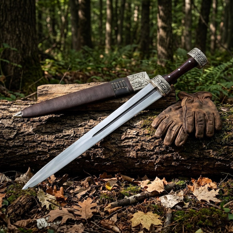 Hand Forged Celtic Leaf Blade Short Sword – High Carbon Steel Collectible Display Sword with Carved Antique Silver Fittings & Custom Leather Sheath